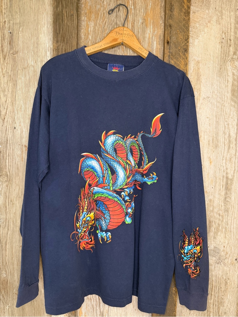 VTG 90s Y2K  JNCO Jeans Dragon Graphic Print Navy Long Sleeve T-Shirt: Large